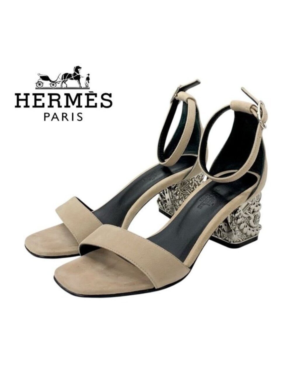 Hermes Gram 60 Sandals Shoes Suede Beige Silver Chaine D'ancre Metal Heel Strap - Picture 2 of 11